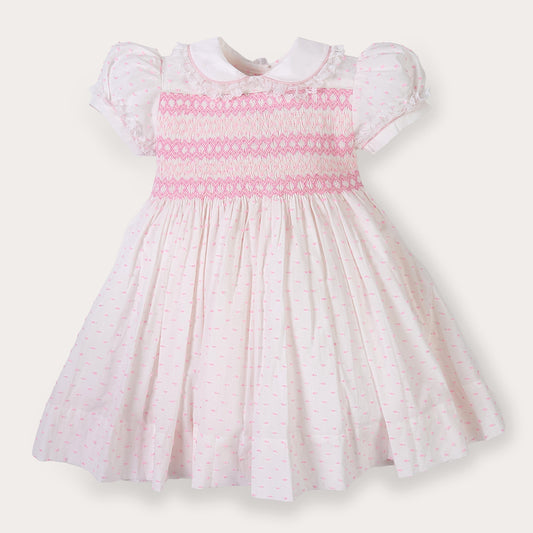 Hand smocked LINDY dress pink Swiss dot