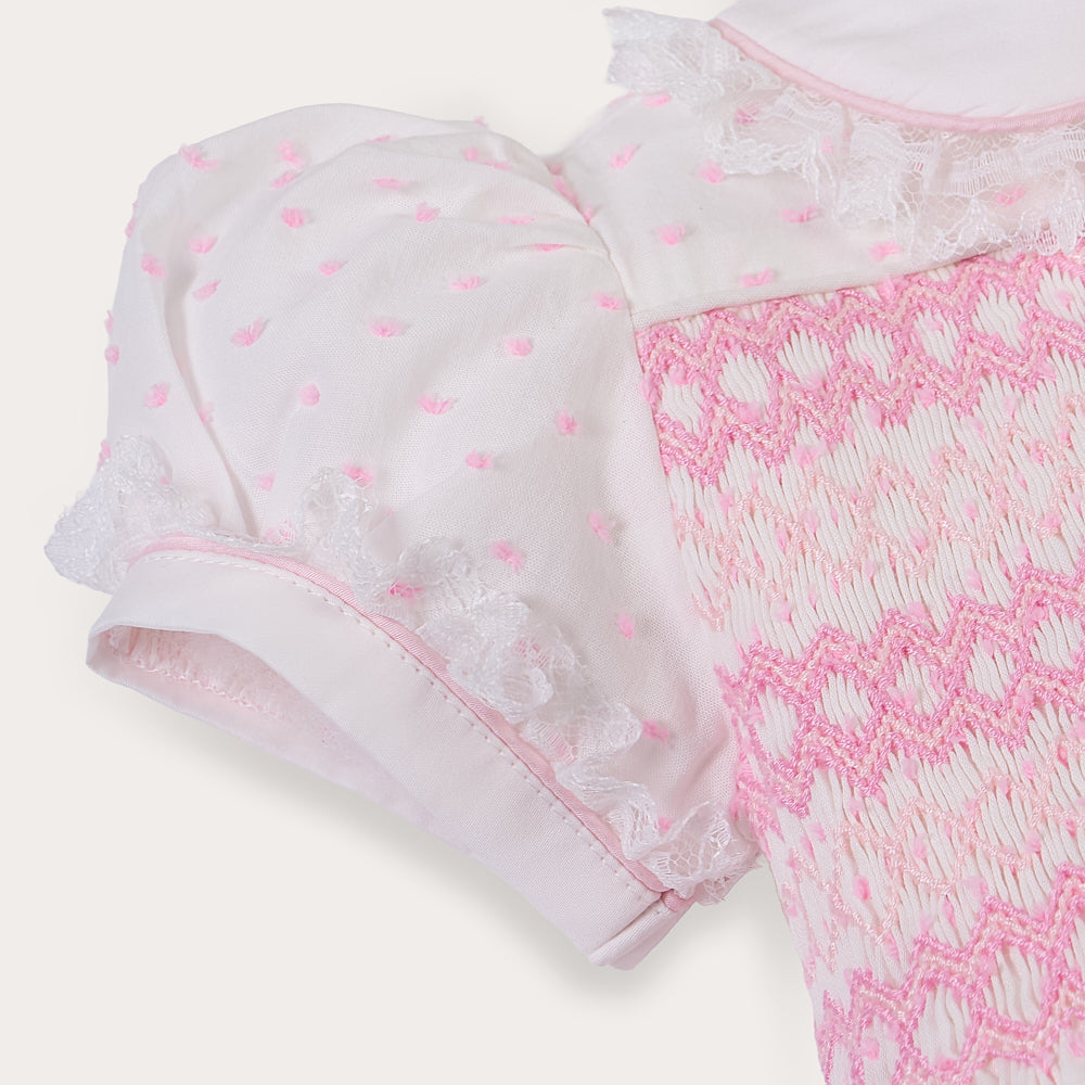 Hand smocked LINDY dress pink Swiss dot