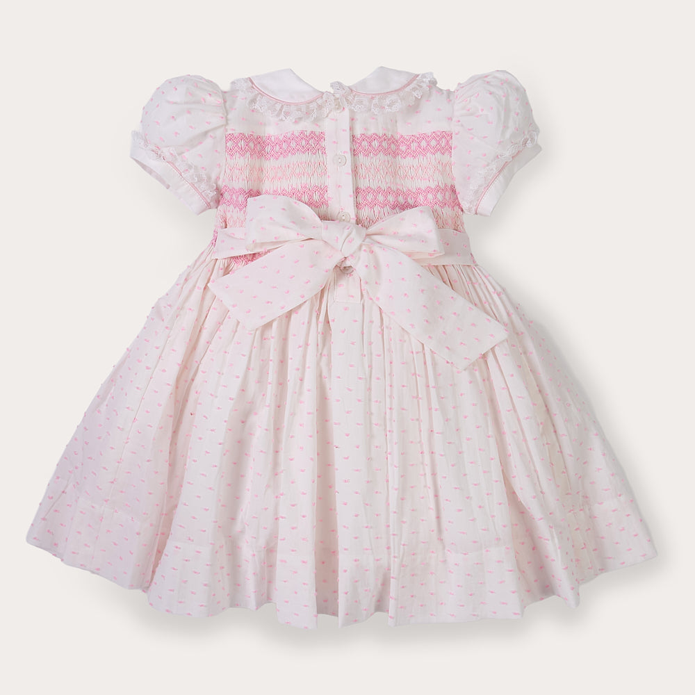 Hand smocked LINDY dress pink Swiss dot