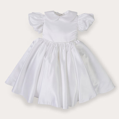White satin puff sleeved occasion dress