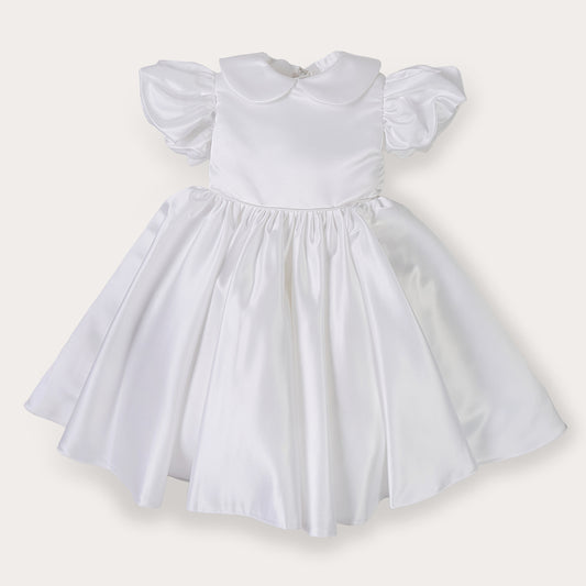 White satin puff sleeved occasion dress