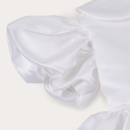 White satin puff sleeved occasion dress
