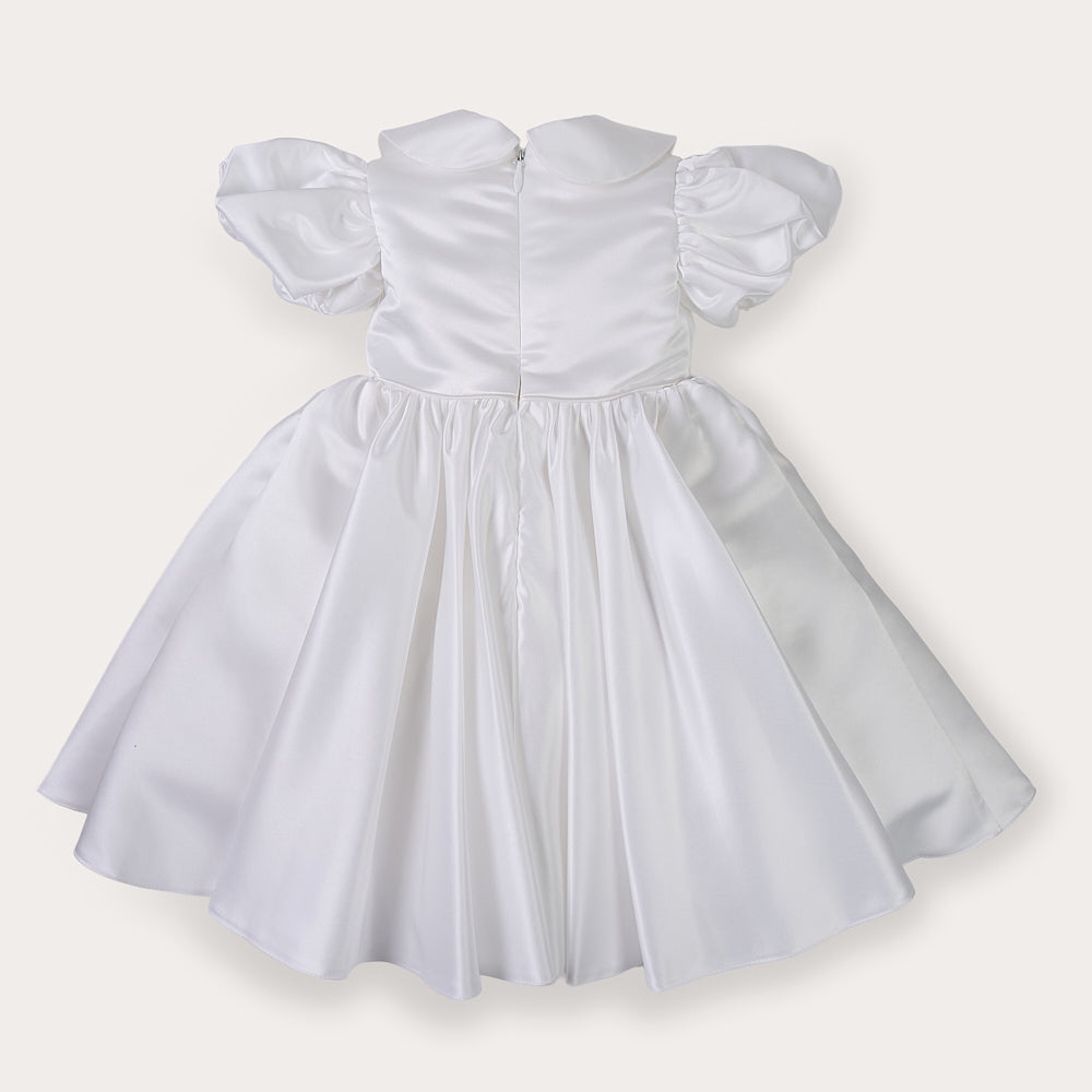 White satin puff sleeved occasion dress