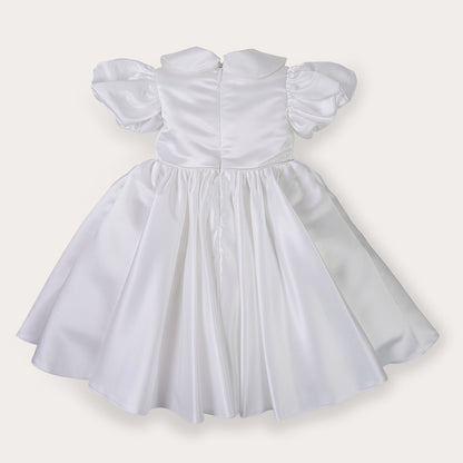 White satin puff sleeved occasion dress