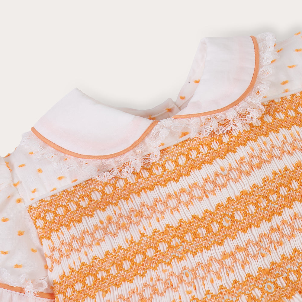 Hand smocked LINDY dress orange Swiss dot