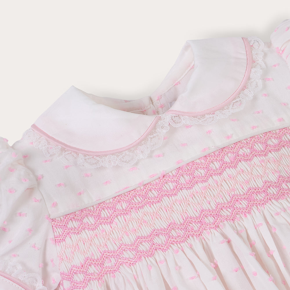 Hand Smocked LINDY Romper pink Swiss dot