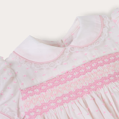 Hand Smocked LINDY Romper pink Swiss dot