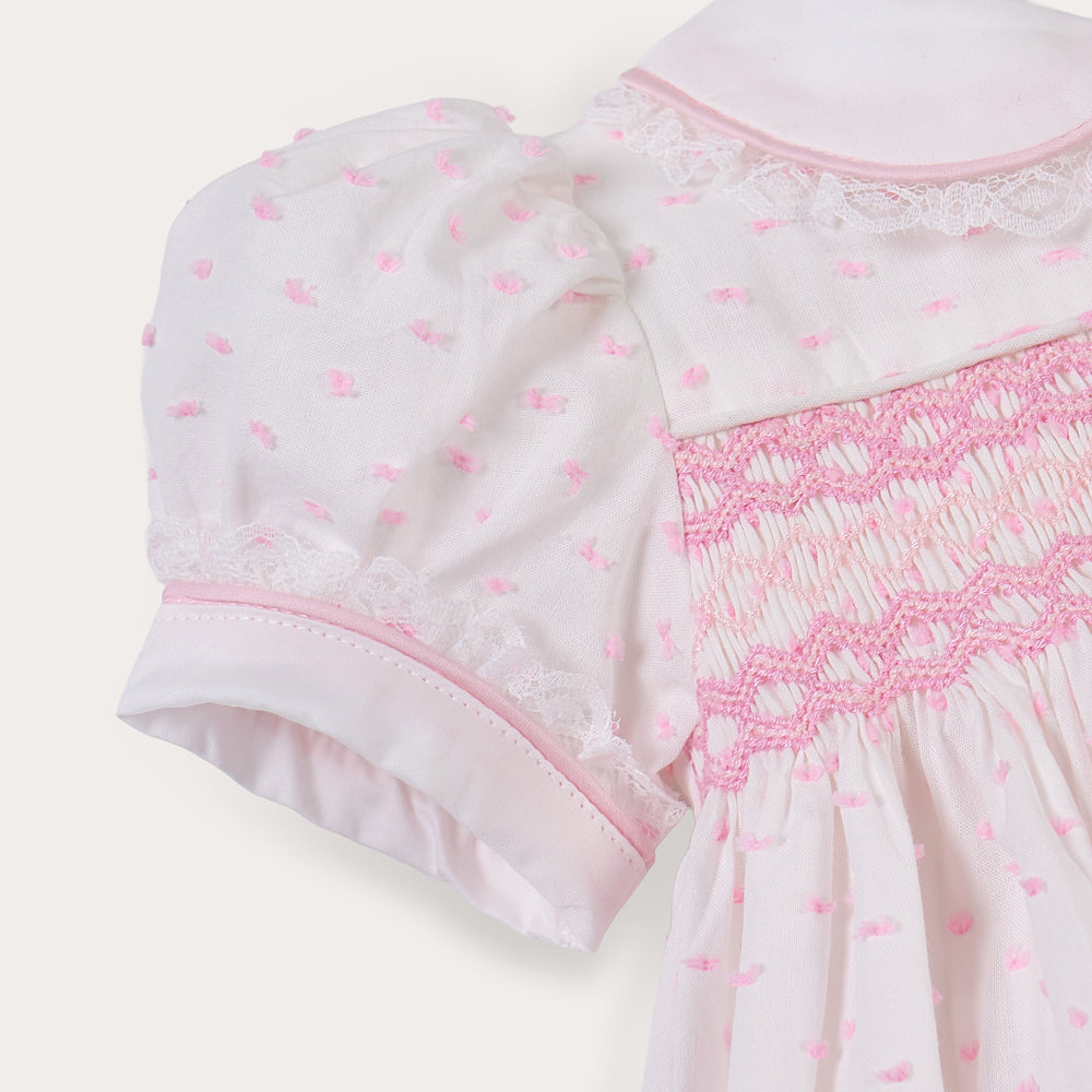 Hand Smocked LINDY Romper pink Swiss dot
