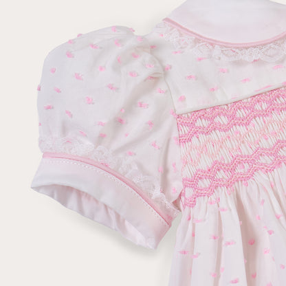 Hand Smocked LINDY Romper pink Swiss dot