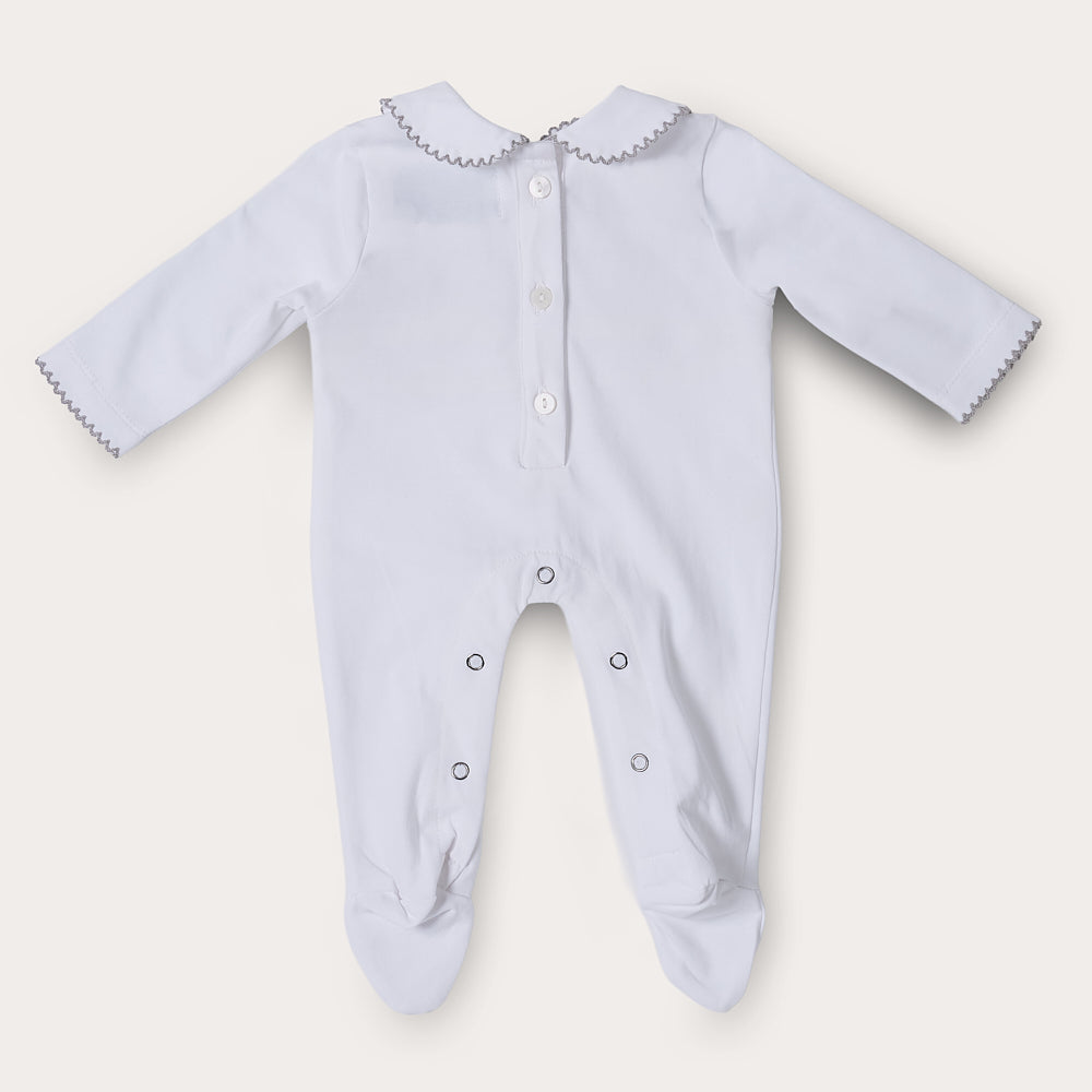 Hand smocked cotton babygrow with grey details