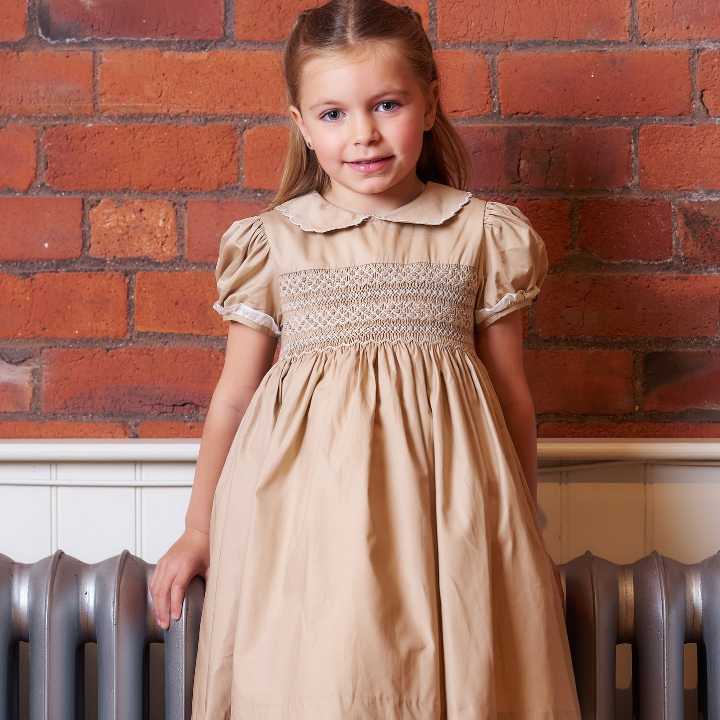Hand smocked Talia dress coffee cream
