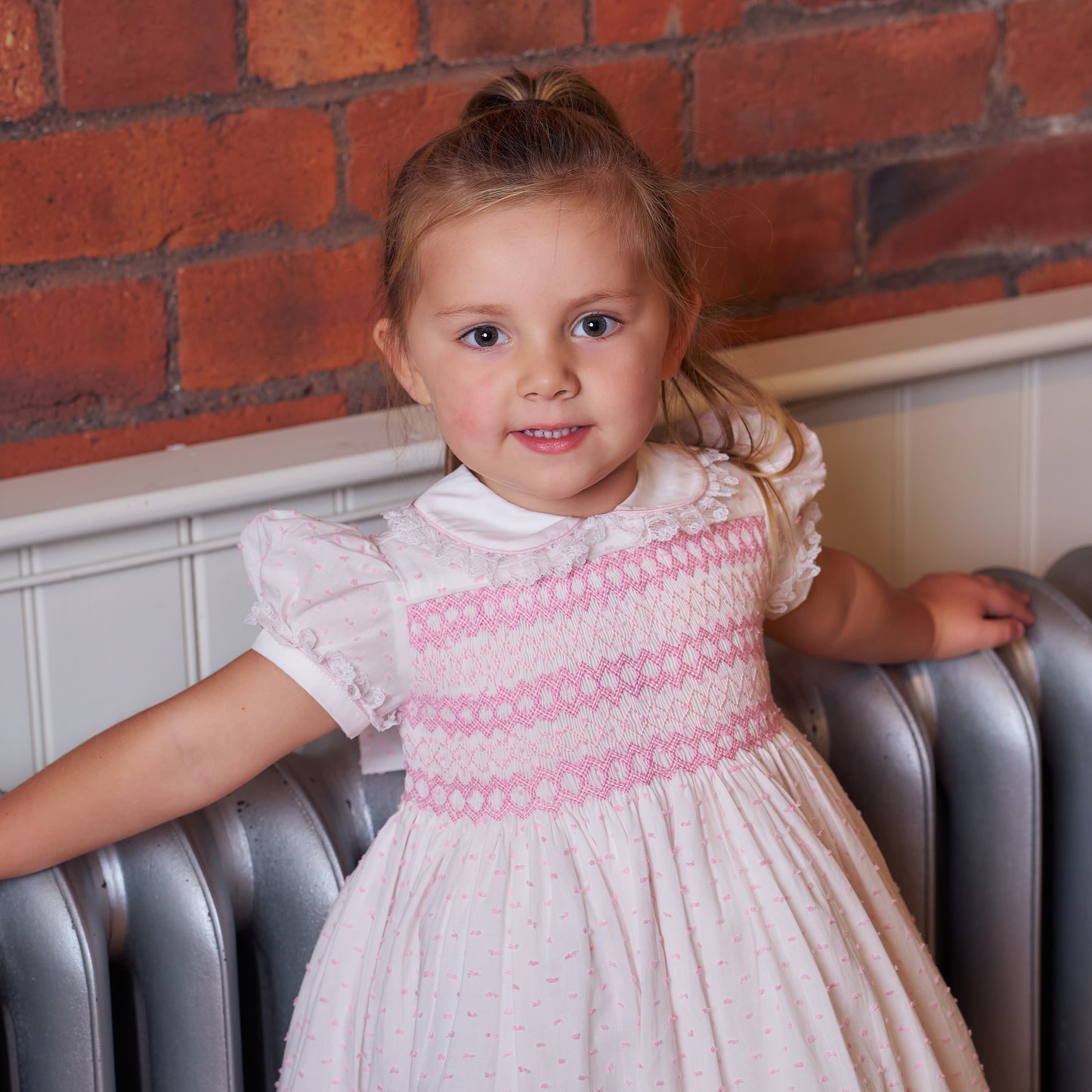 Hand smocked LINDY dress pink Swiss dot