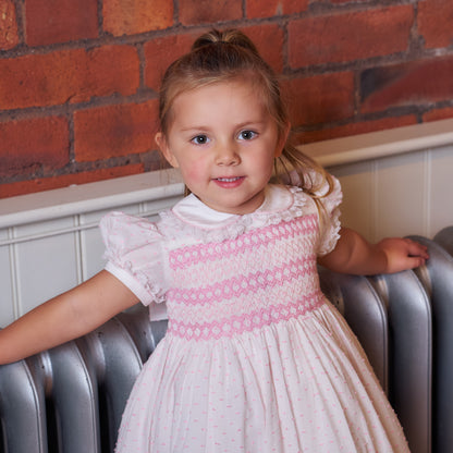Hand smocked LINDY dress pink Swiss dot
