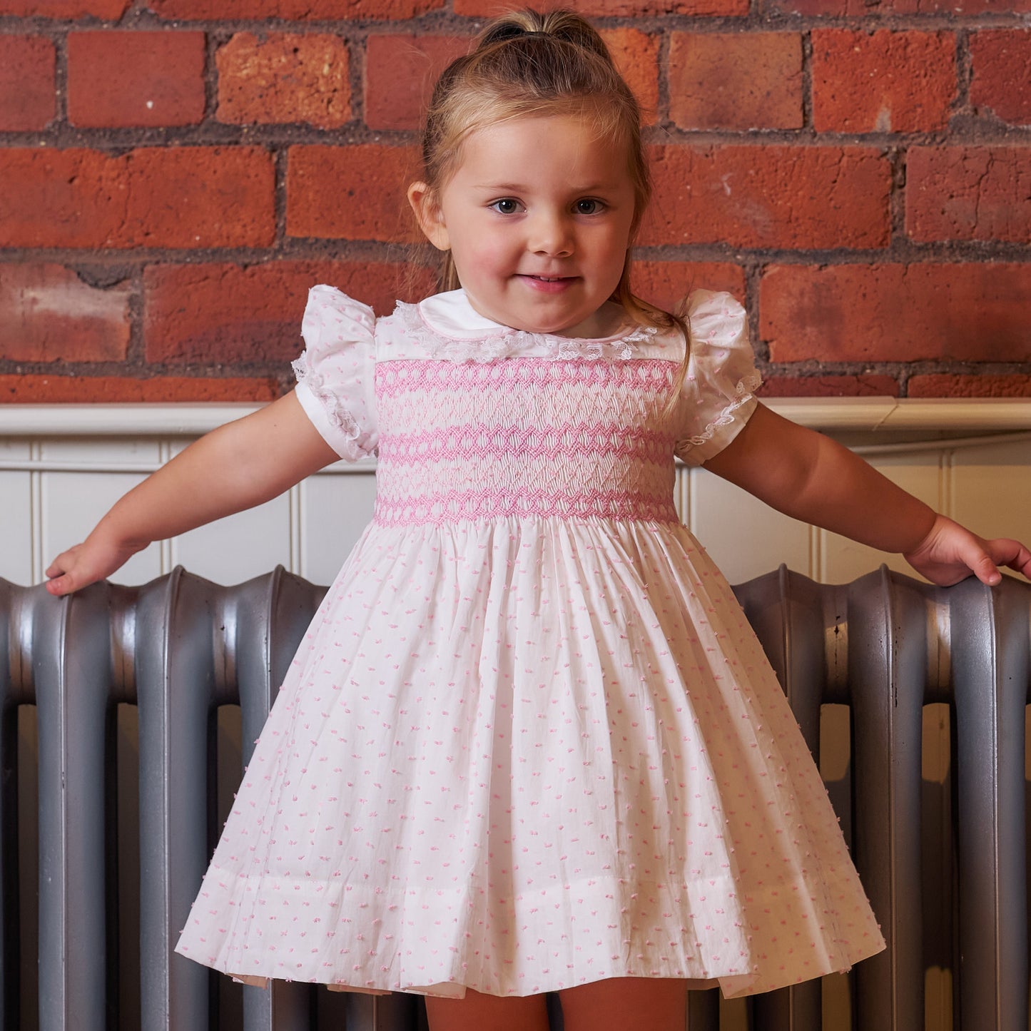 Hand smocked LINDY dress pink Swiss dot