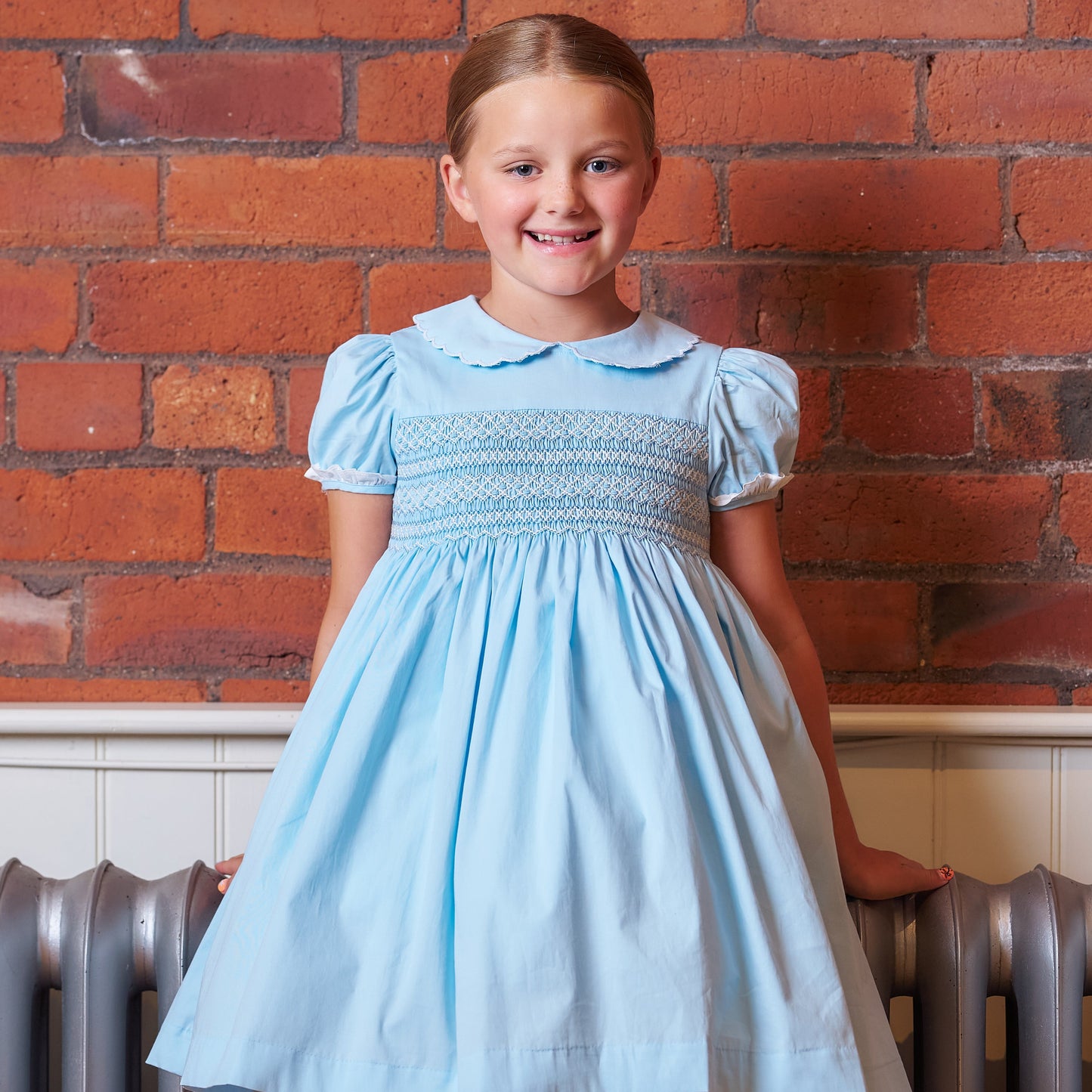 Hand smocked Talia dress soft blue