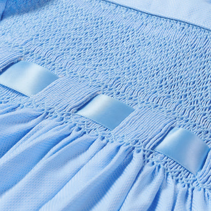 Hand smocked blue Fifi dress with pant and bows