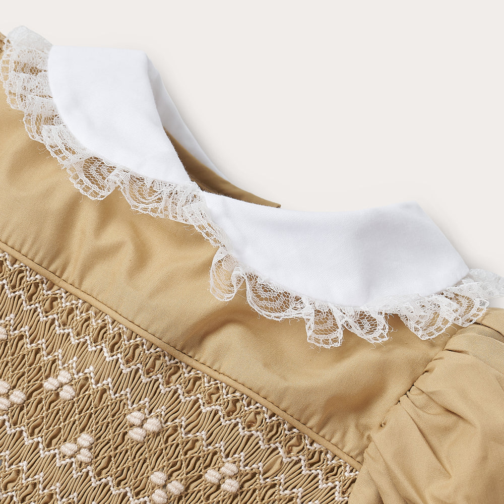 Hand Smocked Ellis romper in toffee