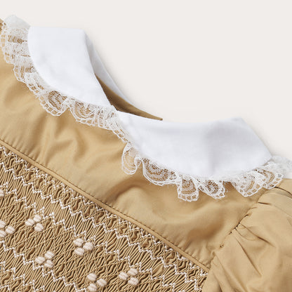 Hand Smocked Ellis romper in toffee