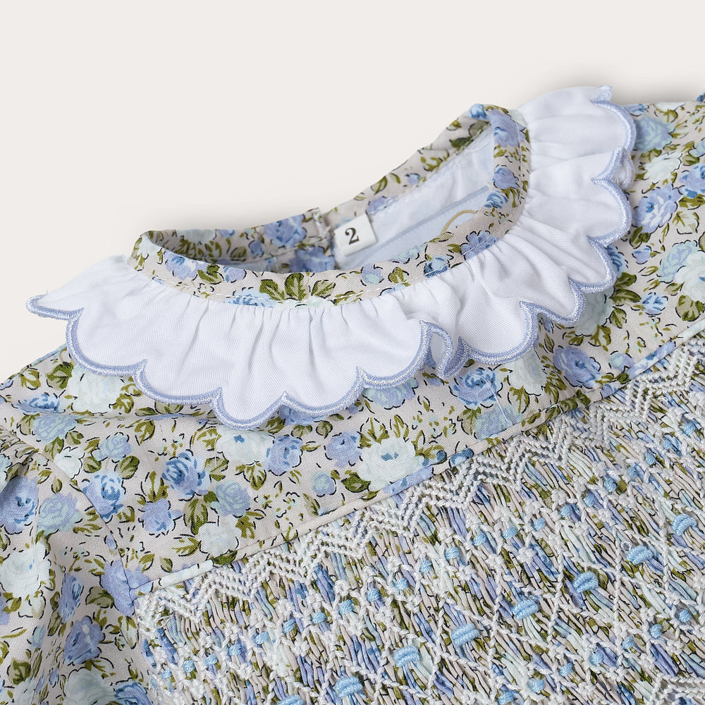 Hand smocked blue Flora dress with head band