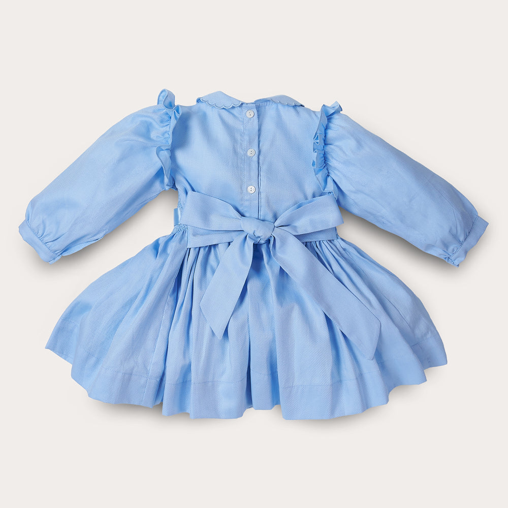 Hand smocked blue Fifi dress with pant and bows