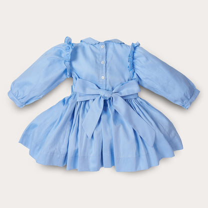 Hand smocked blue Fifi dress with pant and bows