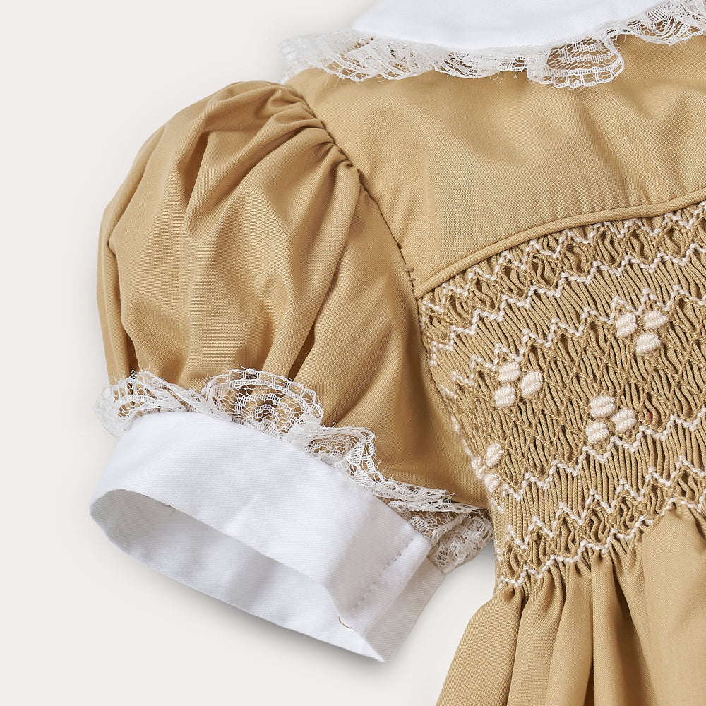 Hand Smocked Ellis romper in toffee