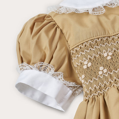 Hand Smocked Ellis romper in toffee