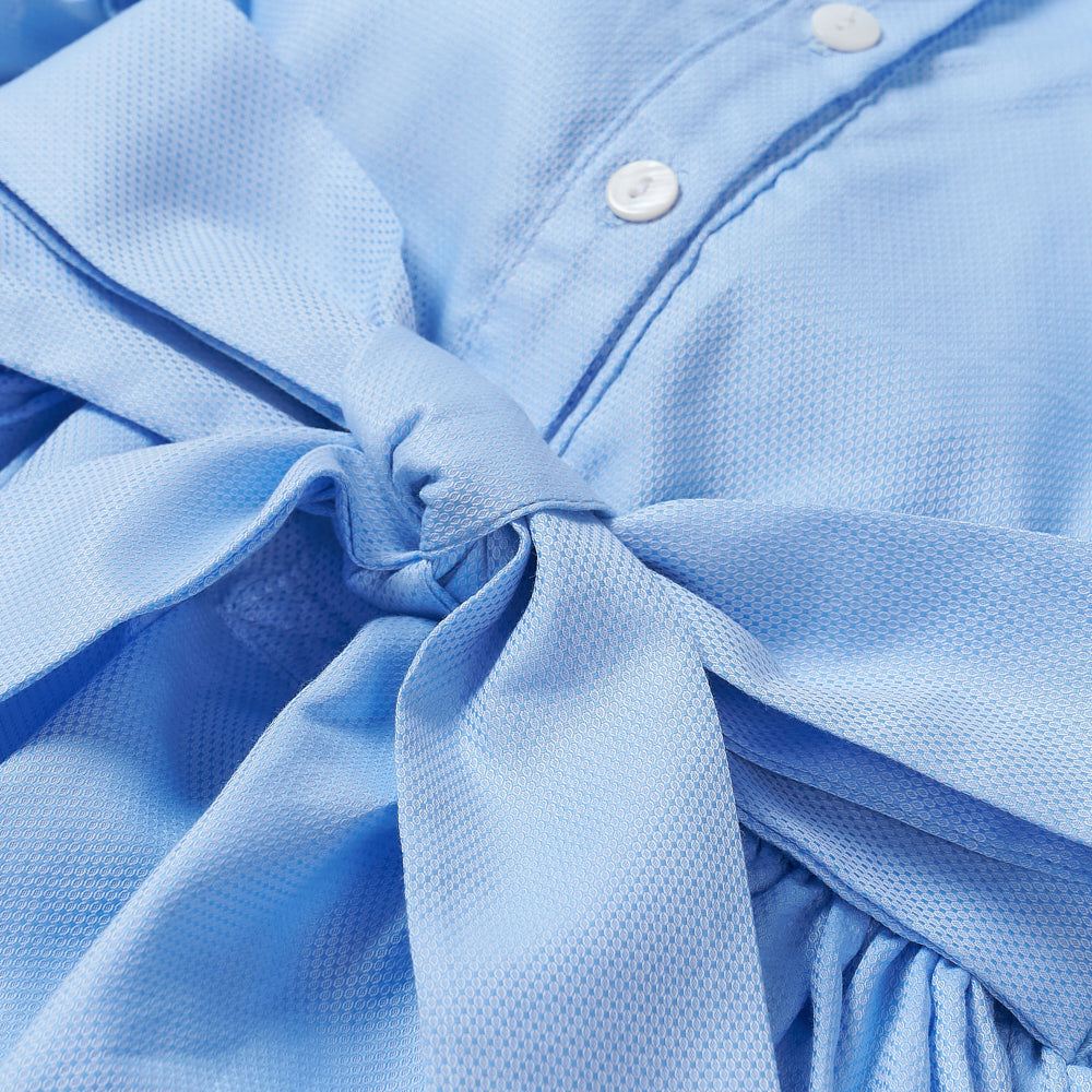 Hand smocked blue Fifi dress with pant and bows