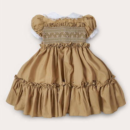 Hand smocked Ellis dress in toffee