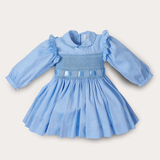 Hand smocked blue Fifi dress with pant and bows