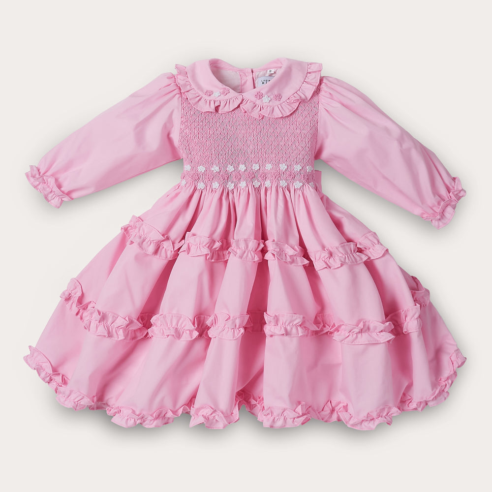 Hand smocked pink Rose dress with headband and pant
