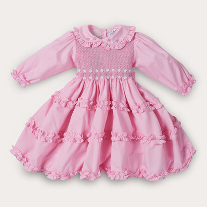 Hand smocked pink Rose dress with headband and pant