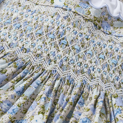 Hand smocked blue Flora dress with head band