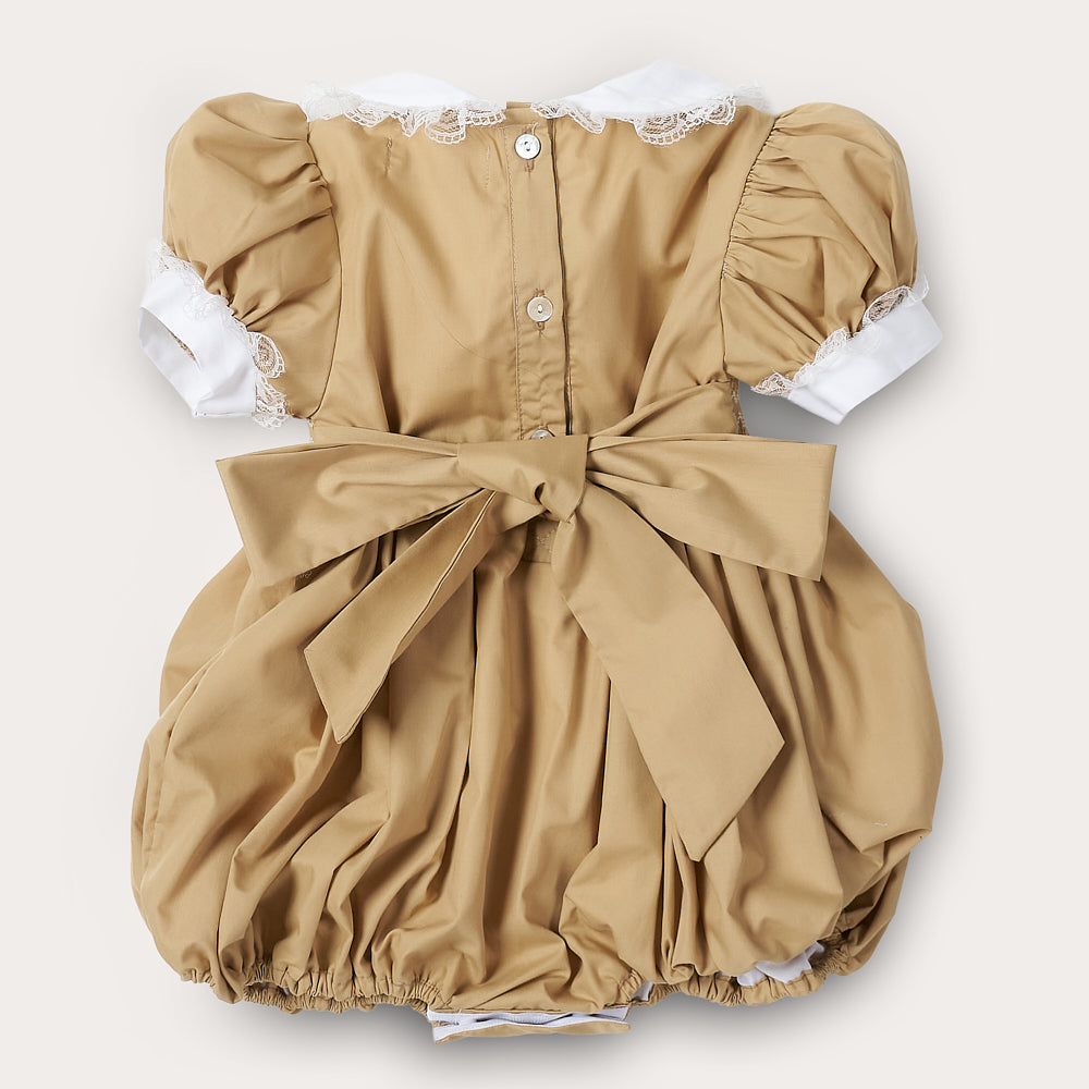 Hand Smocked Ellis romper in toffee