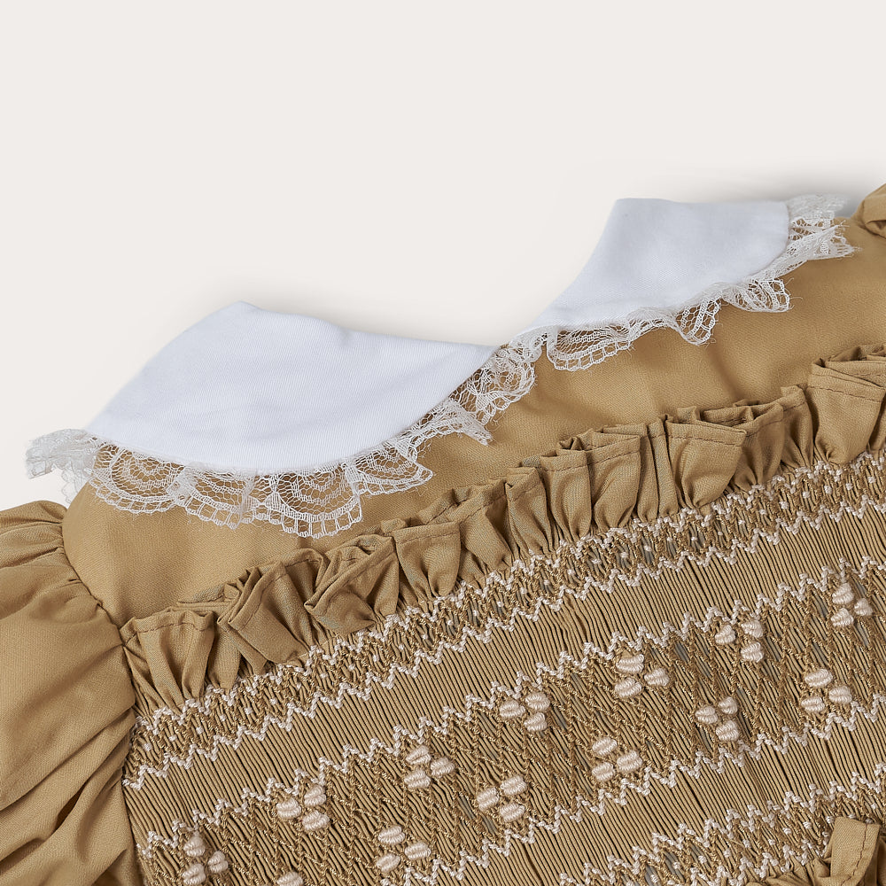 Hand smocked Ellis dress in toffee