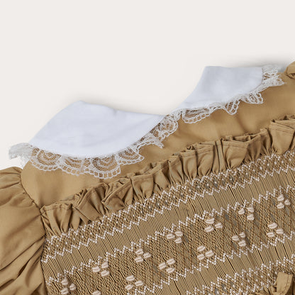 Hand smocked Ellis dress in toffee
