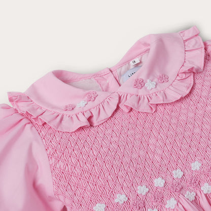 Hand smocked pink Rose dress with headband and pant