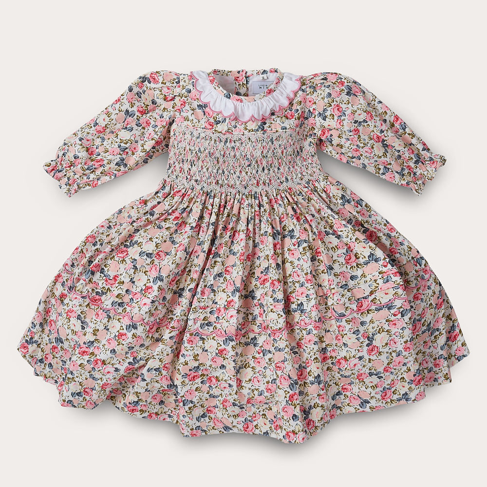 Hand smocked pink Flora dress with head band