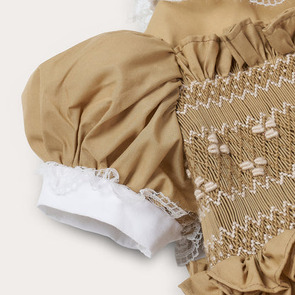 Hand smocked Ellis dress in toffee