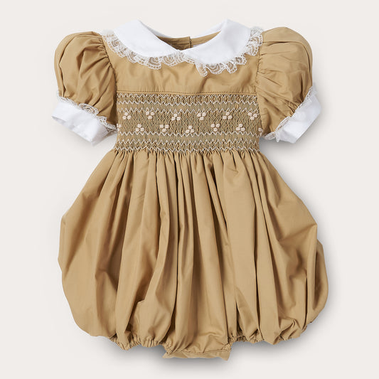 Hand Smocked Ellis romper in toffee