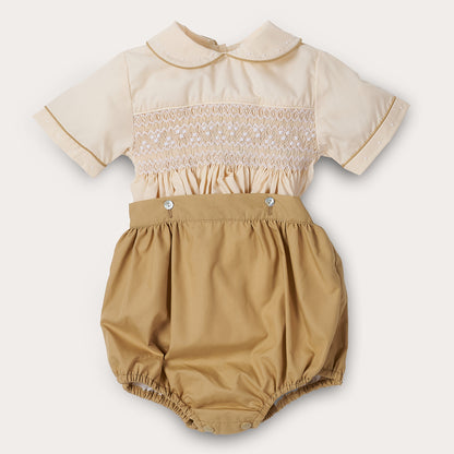 Boy's Hand Smocked butter cream and toffee bubble set