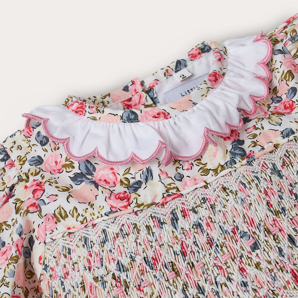 Hand smocked pink Flora dress with head band