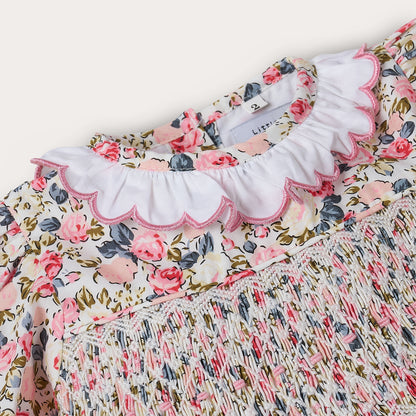 Hand smocked pink Flora dress with head band