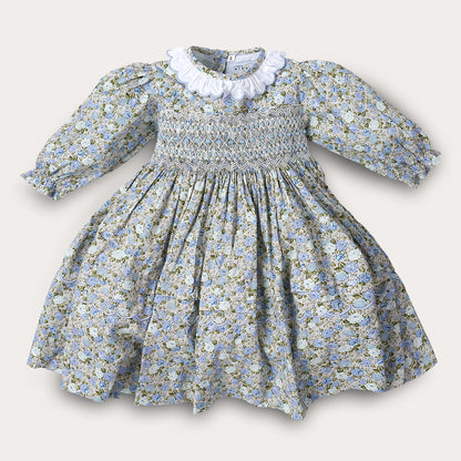 Hand smocked blue Flora dress with head band