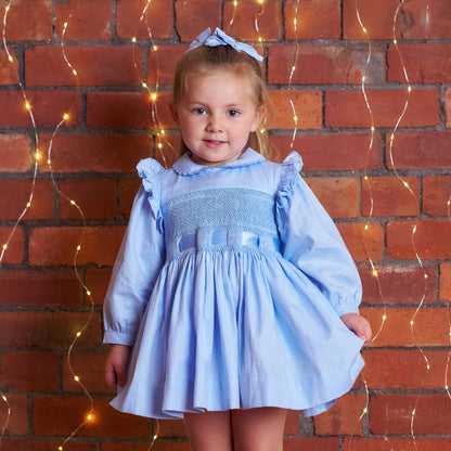 Hand smocked blue Fifi dress with pant and bows