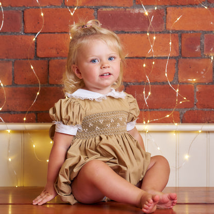 Hand Smocked Ellis romper in toffee