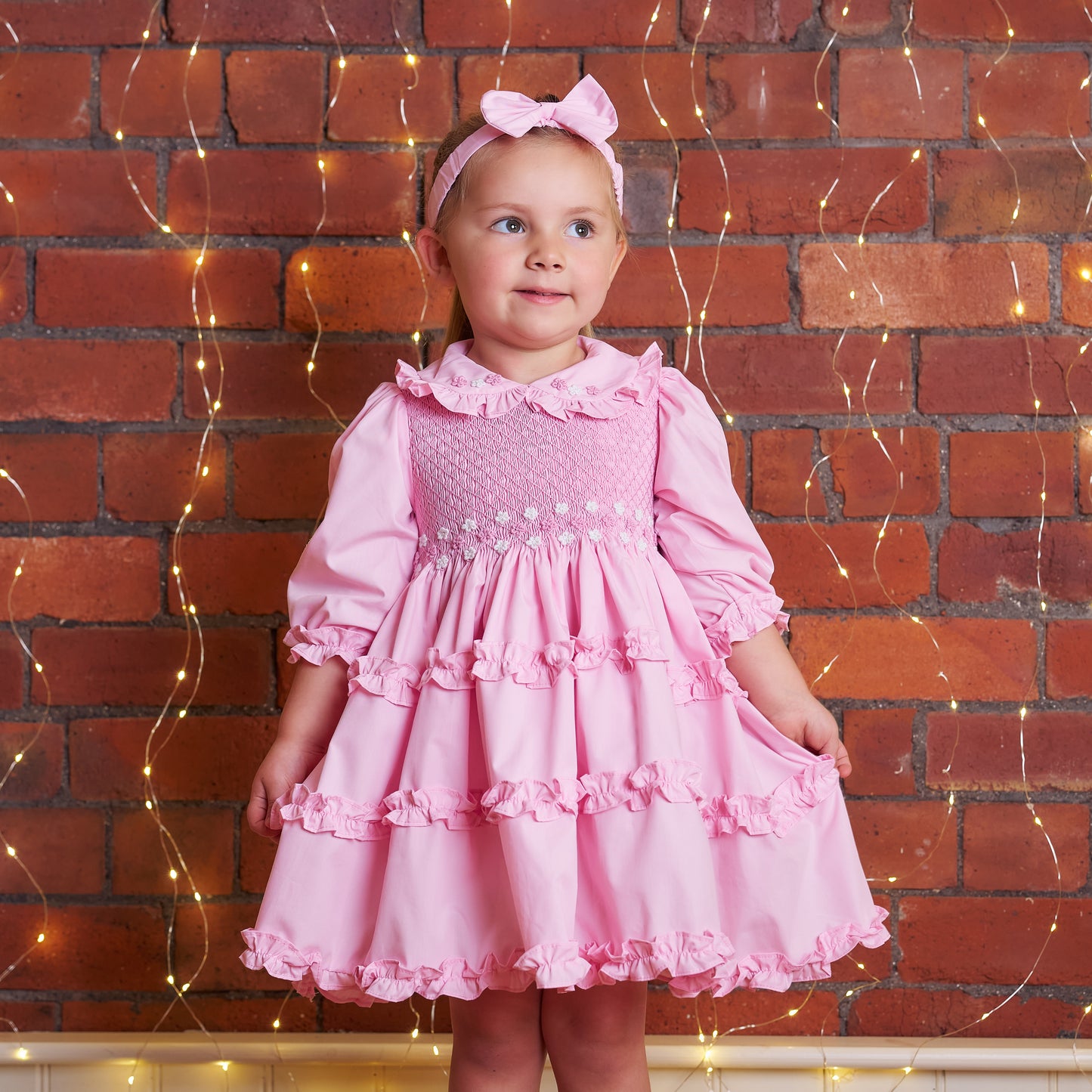 Hand smocked pink Rose dress with headband and pant