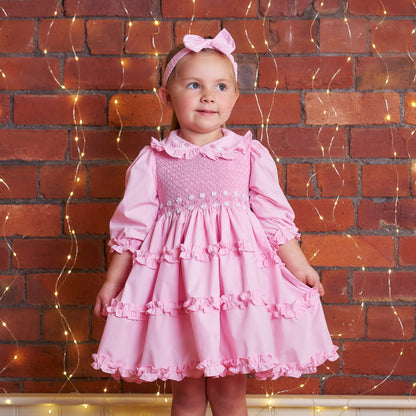 Hand smocked pink Rose dress with headband and pant