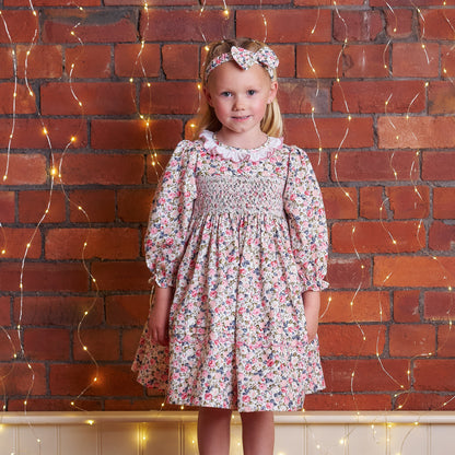 Hand smocked pink Flora dress with head band