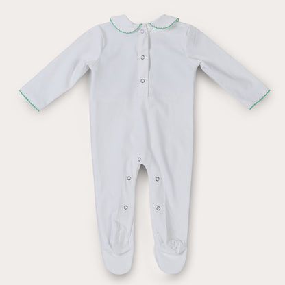 Hand Smocked White Baby Grow With Soft Green Hand Smocking